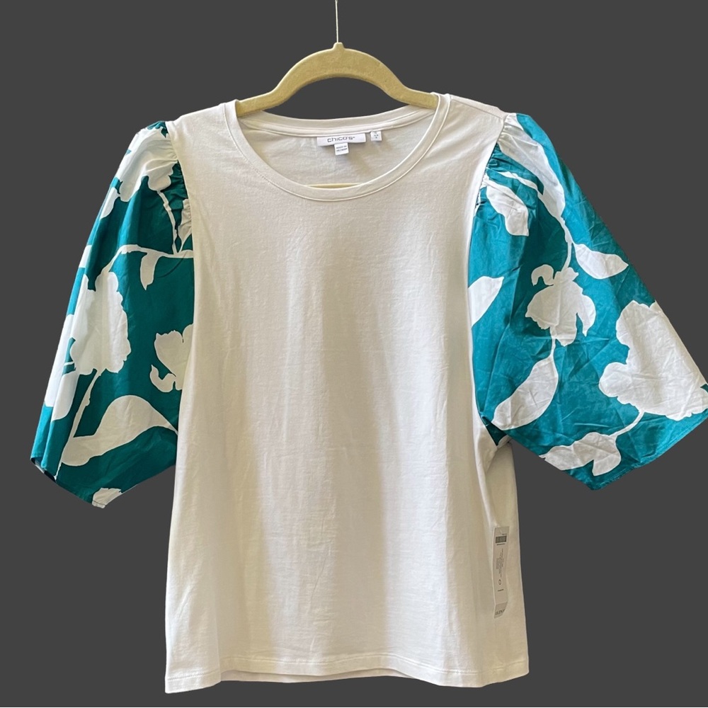Chico's White Tee with Teal Floral Puff Sleeves